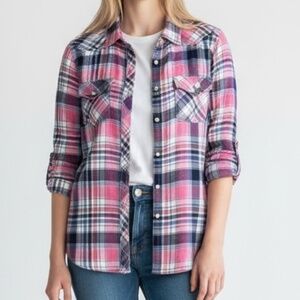 Y2K American Eagle Outfitters Pink White & Blue Plaid Button Down Shirt SZ Small